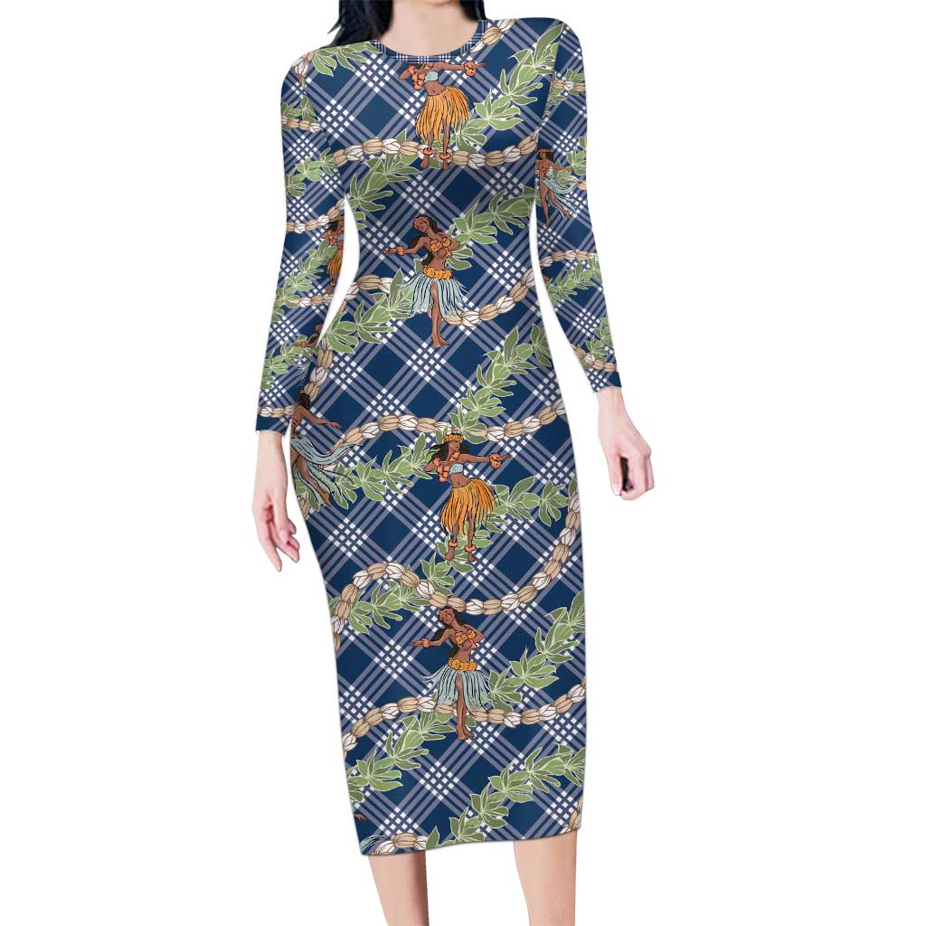 Navy Blue Palaka Hula Girls Seamless Hawaii Aloha Long Sleeve Bodycon Dress LT7 Long Dress Navy Blue - Polynesian Pride