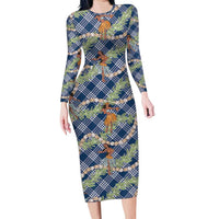 Navy Blue Palaka Hula Girls Seamless Hawaii Aloha Long Sleeve Bodycon Dress LT7 Long Dress Navy Blue - Polynesian Pride