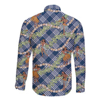 Navy Blue Palaka Hula Girls Seamless Hawaii Aloha Long Sleeve Button Shirt - Polynesian Pride