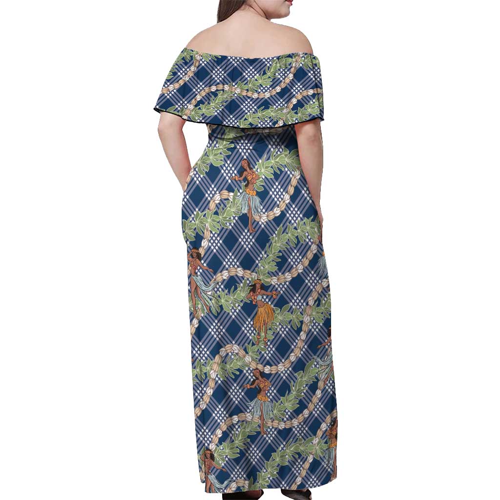 Navy Blue Palaka Hula Girls Seamless Hawaii Aloha Off Shoulder Maxi Dress - Polynesian Pride