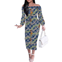 Navy Blue Palaka Hula Girls Seamless Hawaii Aloha Off The Shoulder Long Sleeve Dress - Polynesian Pride
