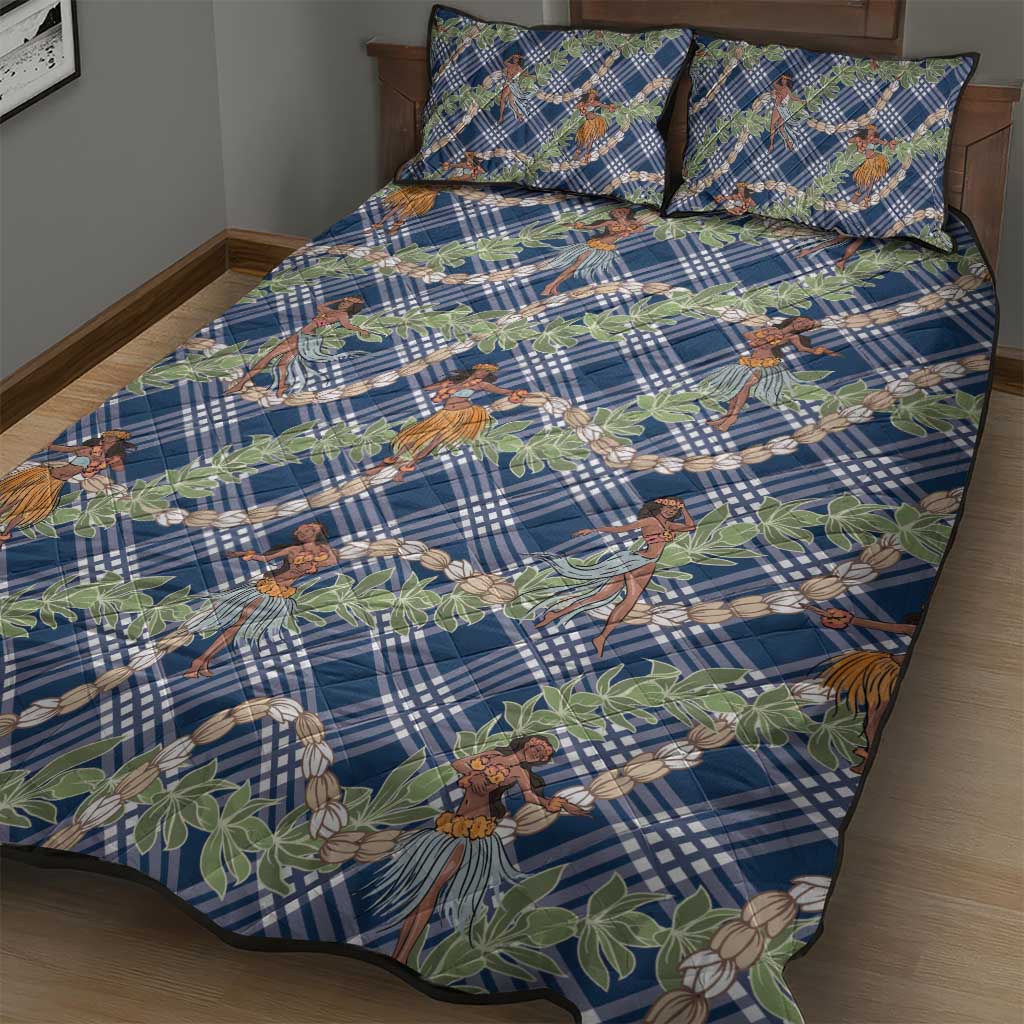 Navy Blue Palaka Hula Girls Seamless Hawaii Aloha Quilt Bed Set - Polynesian Pride