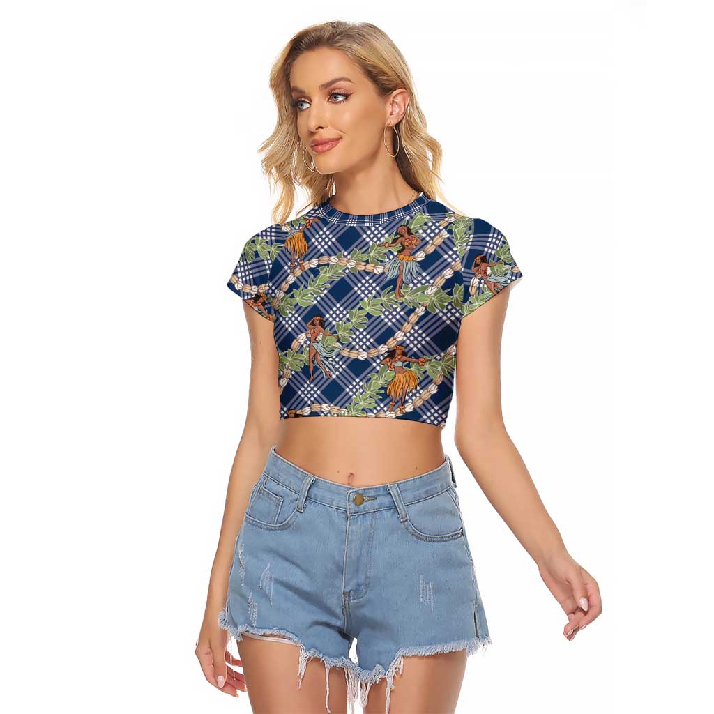 Navy Blue Palaka Hula Girls Seamless Hawaii Aloha Raglan Cropped T Shirt - Polynesian Pride