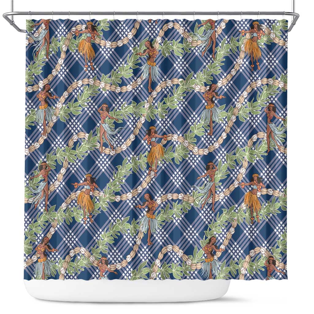 Navy Blue Palaka Hula Girls Seamless Hawaii Aloha Shower Curtain - Polynesian Pride