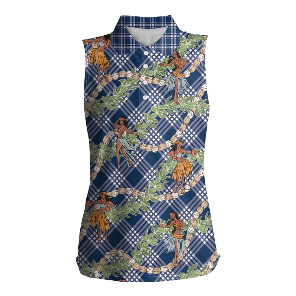Navy Blue Palaka Hula Girls Seamless Hawaii Aloha Women Sleeveless Polo Shirt - Polynesian Pride