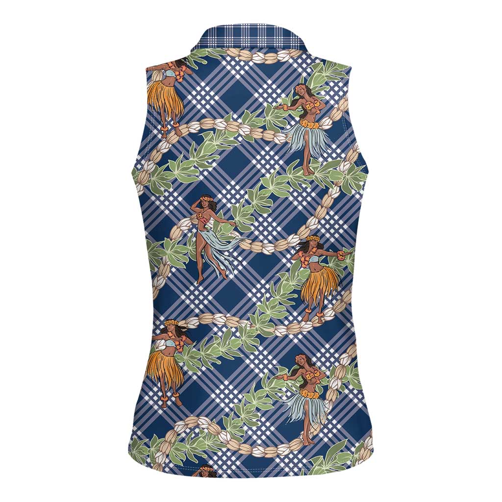 Navy Blue Palaka Hula Girls Seamless Hawaii Aloha Women Sleeveless Polo Shirt - Polynesian Pride