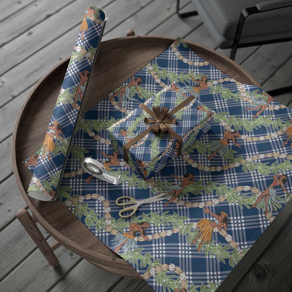 Navy Blue Palaka Hula Girls Seamless Hawaii Aloha Wrapping Paper