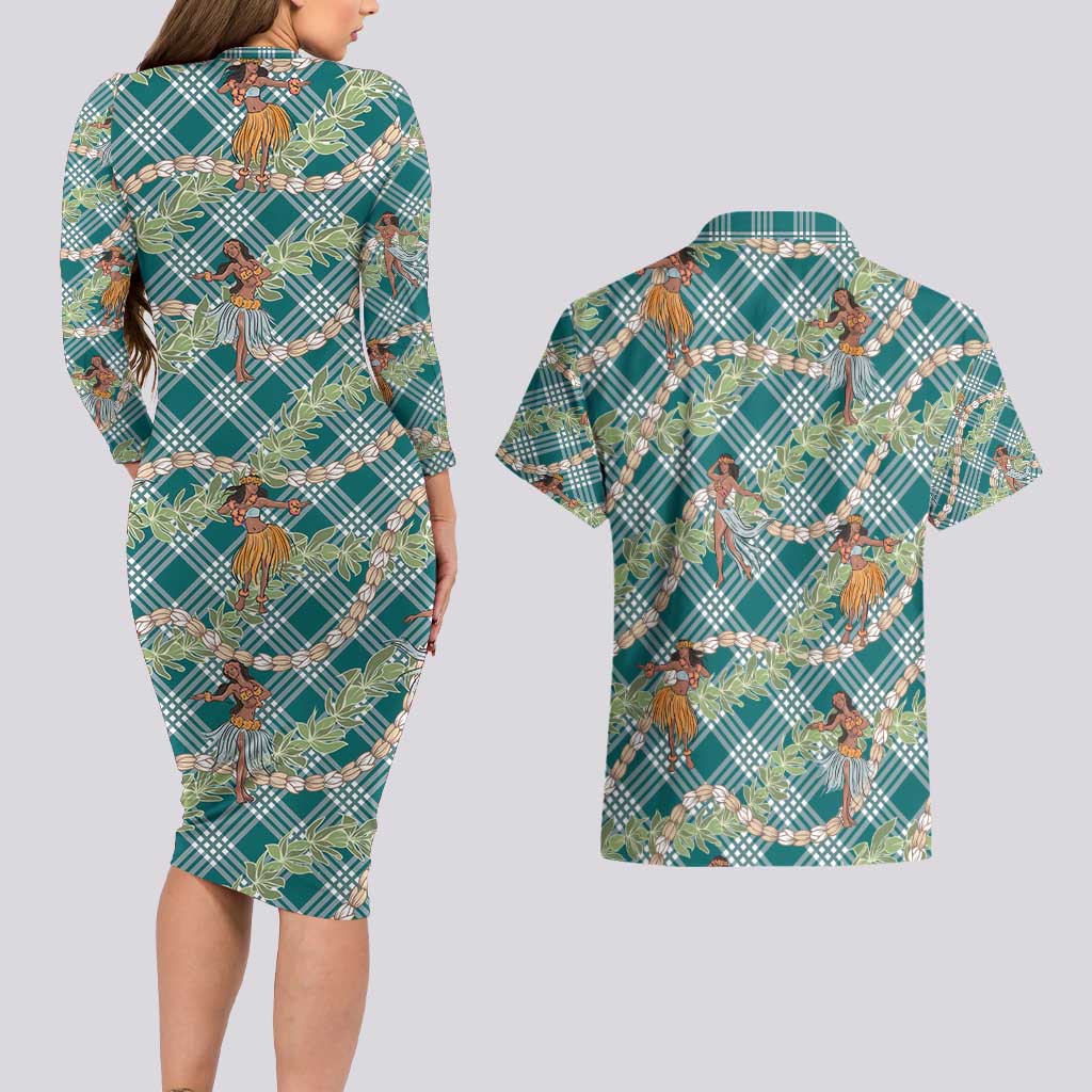 Teal Palaka Hula Girls Seamless Hawaii Aloha Couples Matching Long Sleeve Bodycon Dress and Hawaiian Shirt - Polynesian Pride