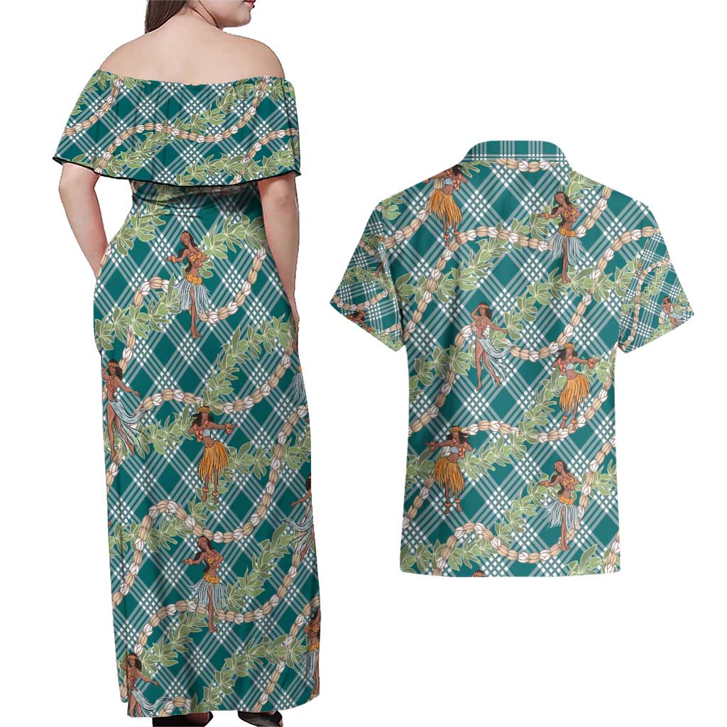 Teal Palaka Hula Girls Seamless Hawaii Aloha Couples Matching Off Shoulder Maxi Dress and Hawaiian Shirt - Polynesian Pride