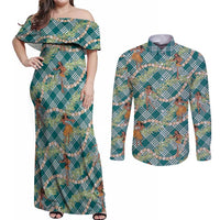 Teal Palaka Hula Girls Seamless Hawaii Aloha Couples Matching Off Shoulder Maxi Dress and Long Sleeve Button Shirt - Polynesian Pride