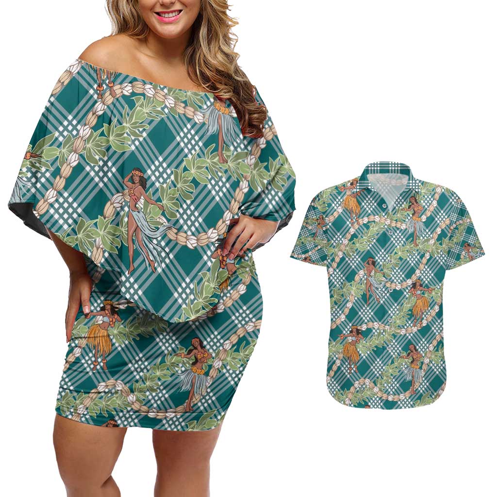 Teal Palaka Hula Girls Seamless Hawaii Aloha Couples Matching Off Shoulder Short Dress and Hawaiian Shirt - Polynesian Pride
