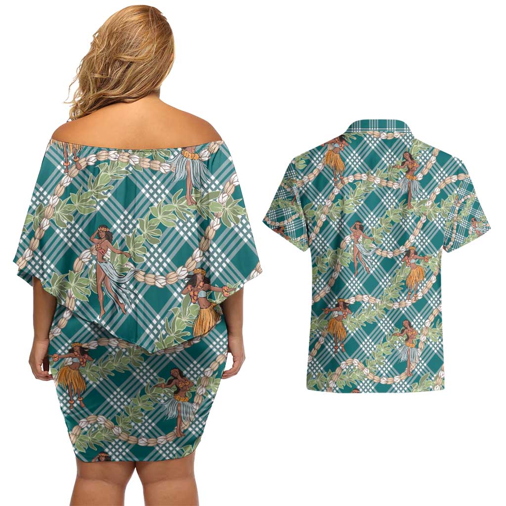 Teal Palaka Hula Girls Seamless Hawaii Aloha Couples Matching Off Shoulder Short Dress and Hawaiian Shirt - Polynesian Pride