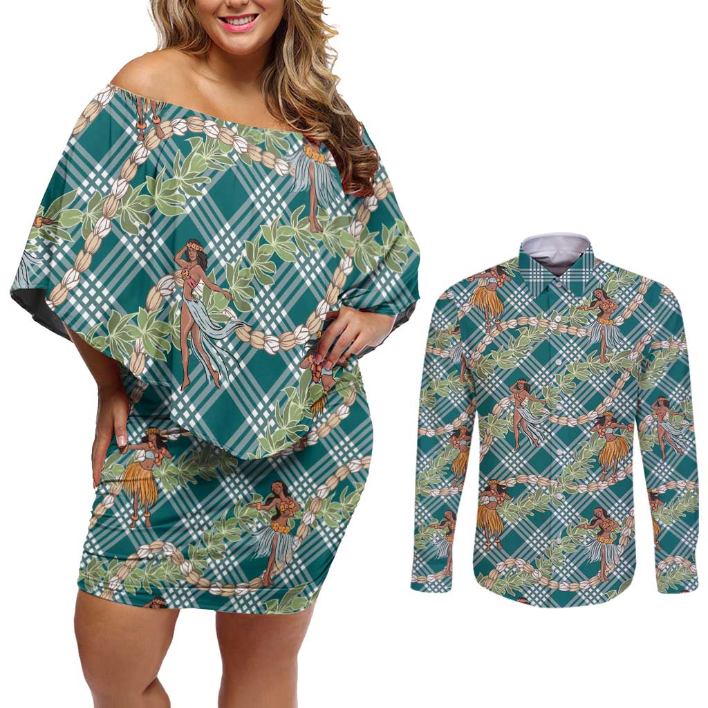 Teal Palaka Hula Girls Seamless Hawaii Aloha Couples Matching Off Shoulder Short Dress and Long Sleeve Button Shirt - Polynesian Pride