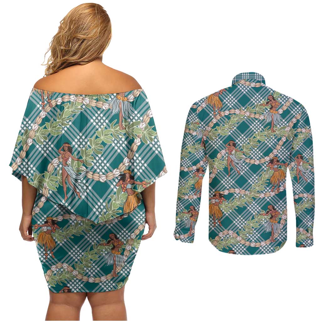 Teal Palaka Hula Girls Seamless Hawaii Aloha Couples Matching Off Shoulder Short Dress and Long Sleeve Button Shirt - Polynesian Pride