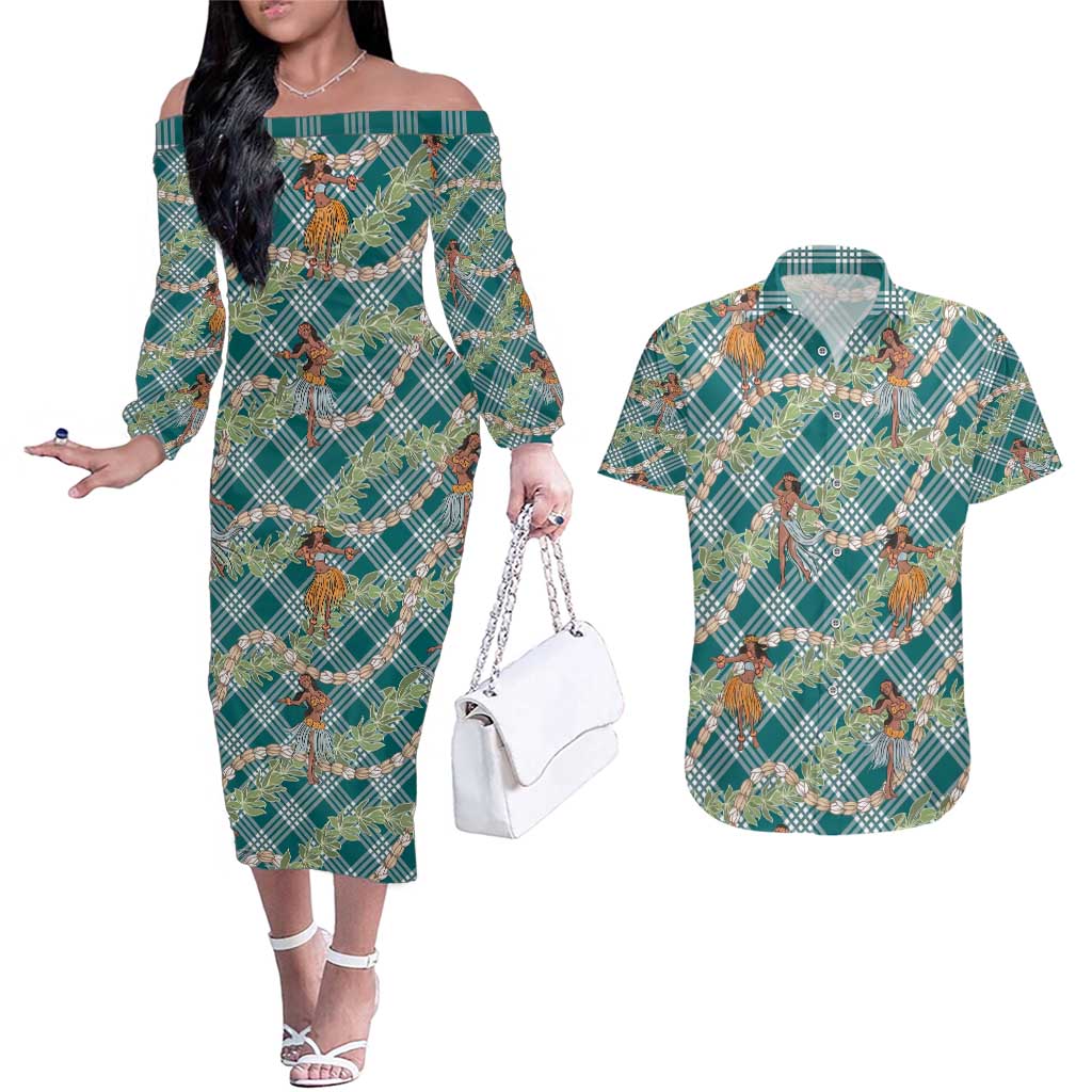 Teal Palaka Hula Girls Seamless Hawaii Aloha Couples Matching Off The Shoulder Long Sleeve Dress and Hawaiian Shirt - Polynesian Pride