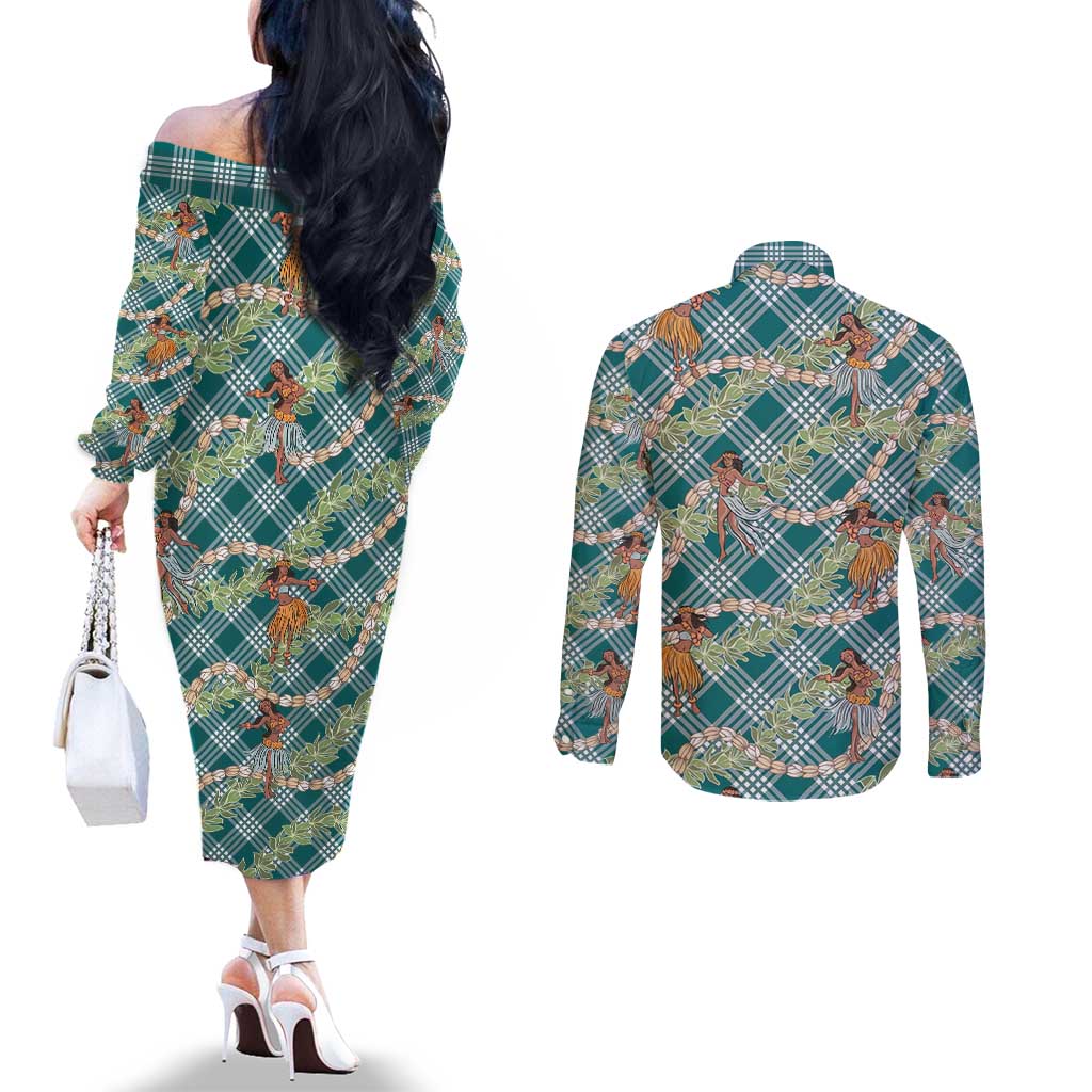 Teal Palaka Hula Girls Seamless Hawaii Aloha Couples Matching Off The Shoulder Long Sleeve Dress and Long Sleeve Button Shirt - Polynesian Pride