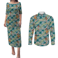 Teal Palaka Hula Girls Seamless Hawaii Aloha Couples Matching Puletasi and Long Sleeve Button Shirt LT7 Teal - Polynesian Pride