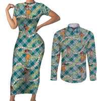 Teal Palaka Hula Girls Seamless Hawaii Aloha Couples Matching Short Sleeve Bodycon Dress and Long Sleeve Button Shirt - Polynesian Pride