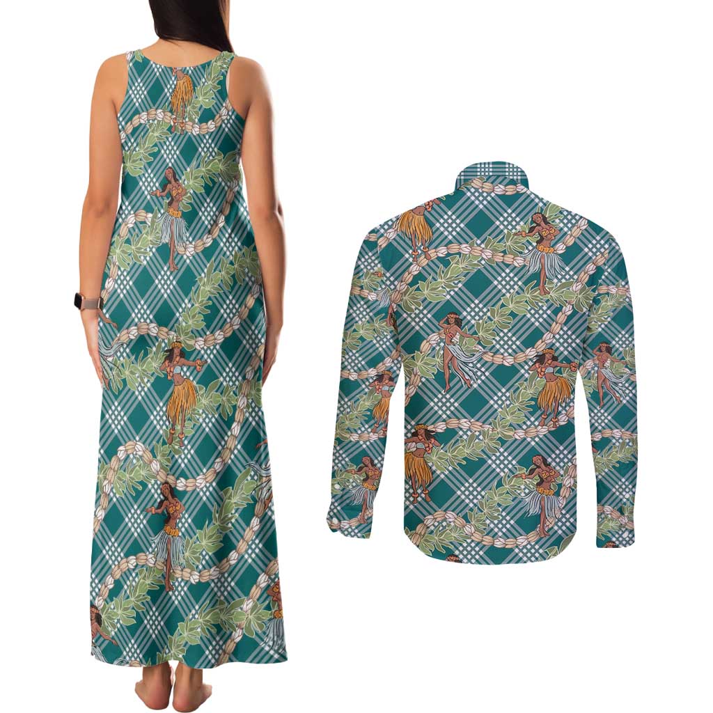 Teal Palaka Hula Girls Seamless Hawaii Aloha Couples Matching Tank Maxi Dress and Long Sleeve Button Shirt - Polynesian Pride