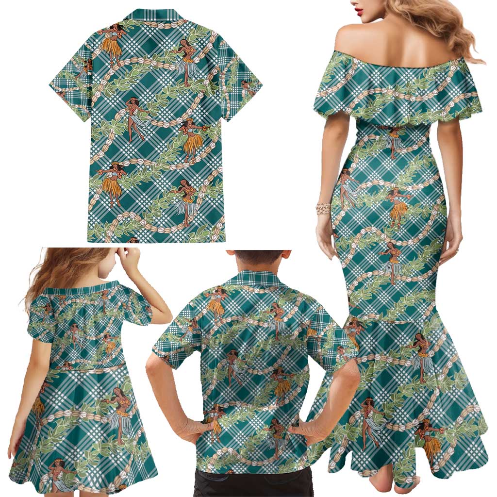 Teal Palaka Hula Girls Seamless Hawaii Aloha Family Matching Mermaid Dress and Hawaiian Shirt - Polynesian Pride