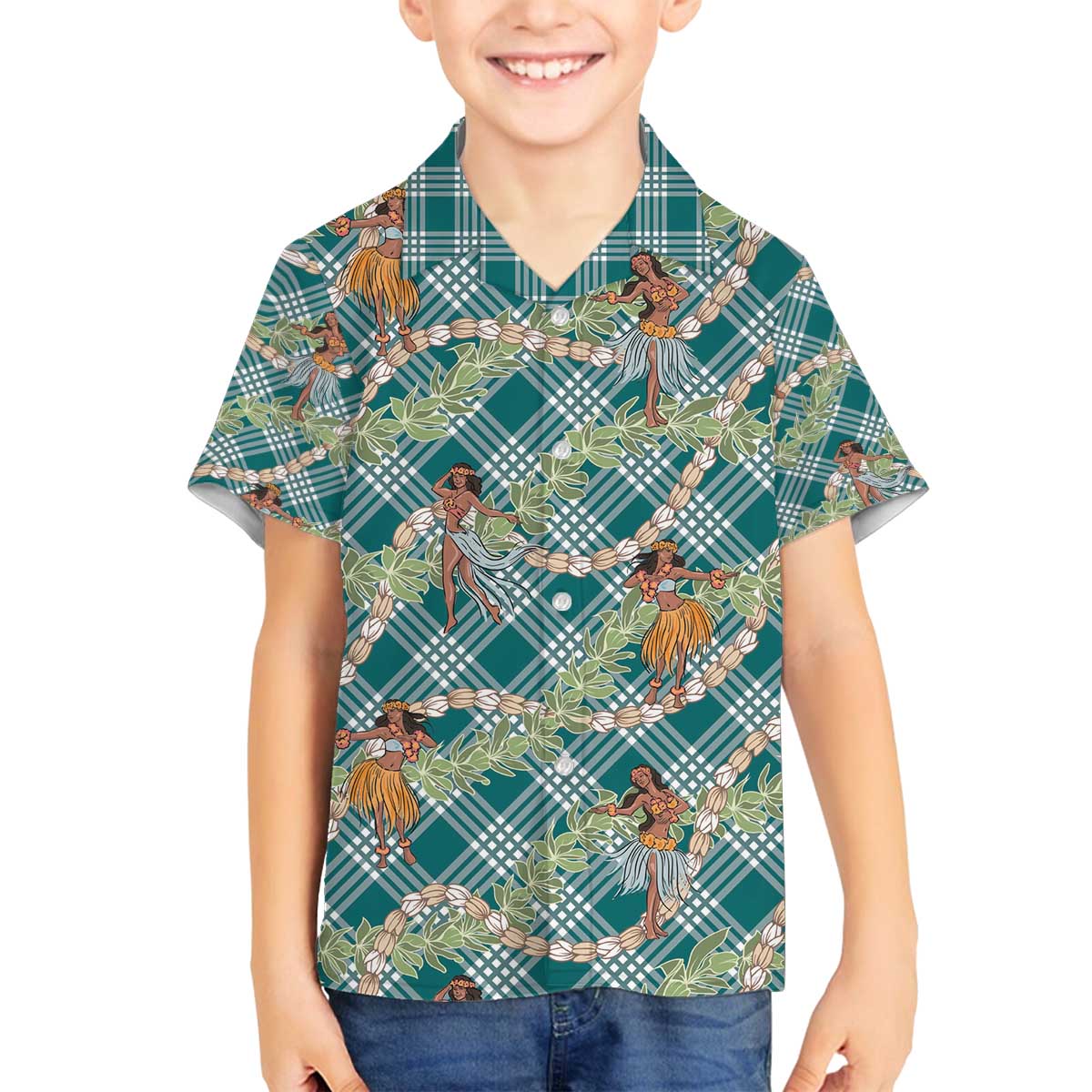 Teal Palaka Hula Girls Seamless Hawaii Aloha Family Matching Off The Shoulder Long Sleeve Dress and Hawaiian Shirt - Polynesian Pride