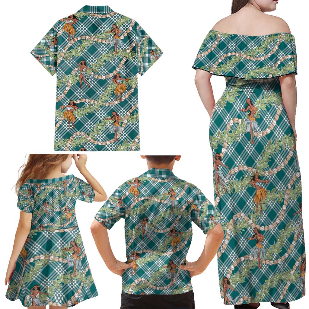 Teal Palaka Hula Girls Seamless Hawaii Aloha Family Matching Off Shoulder Maxi Dress and Hawaiian Shirt - Polynesian Pride