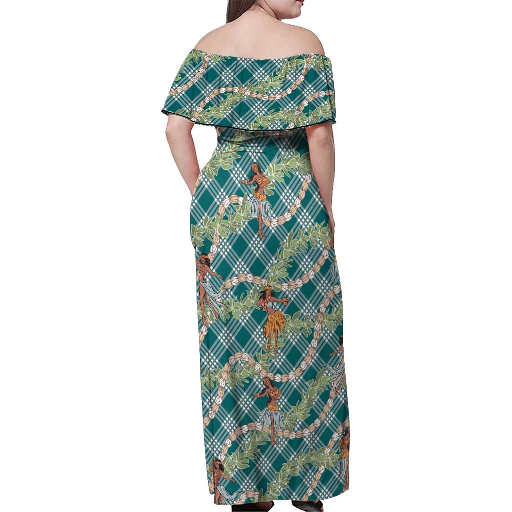 Teal Palaka Hula Girls Seamless Hawaii Aloha Family Matching Off Shoulder Maxi Dress and Hawaiian Shirt - Polynesian Pride