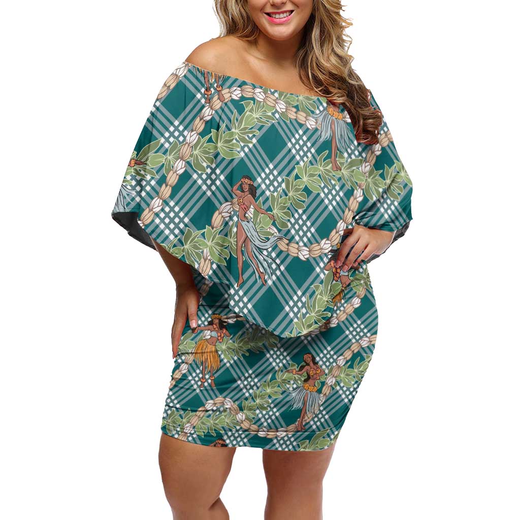 Teal Palaka Hula Girls Seamless Hawaii Aloha Family Matching Off Shoulder Short Dress and Hawaiian Shirt - Polynesian Pride