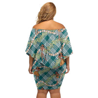 Teal Palaka Hula Girls Seamless Hawaii Aloha Family Matching Off Shoulder Short Dress and Hawaiian Shirt - Polynesian Pride