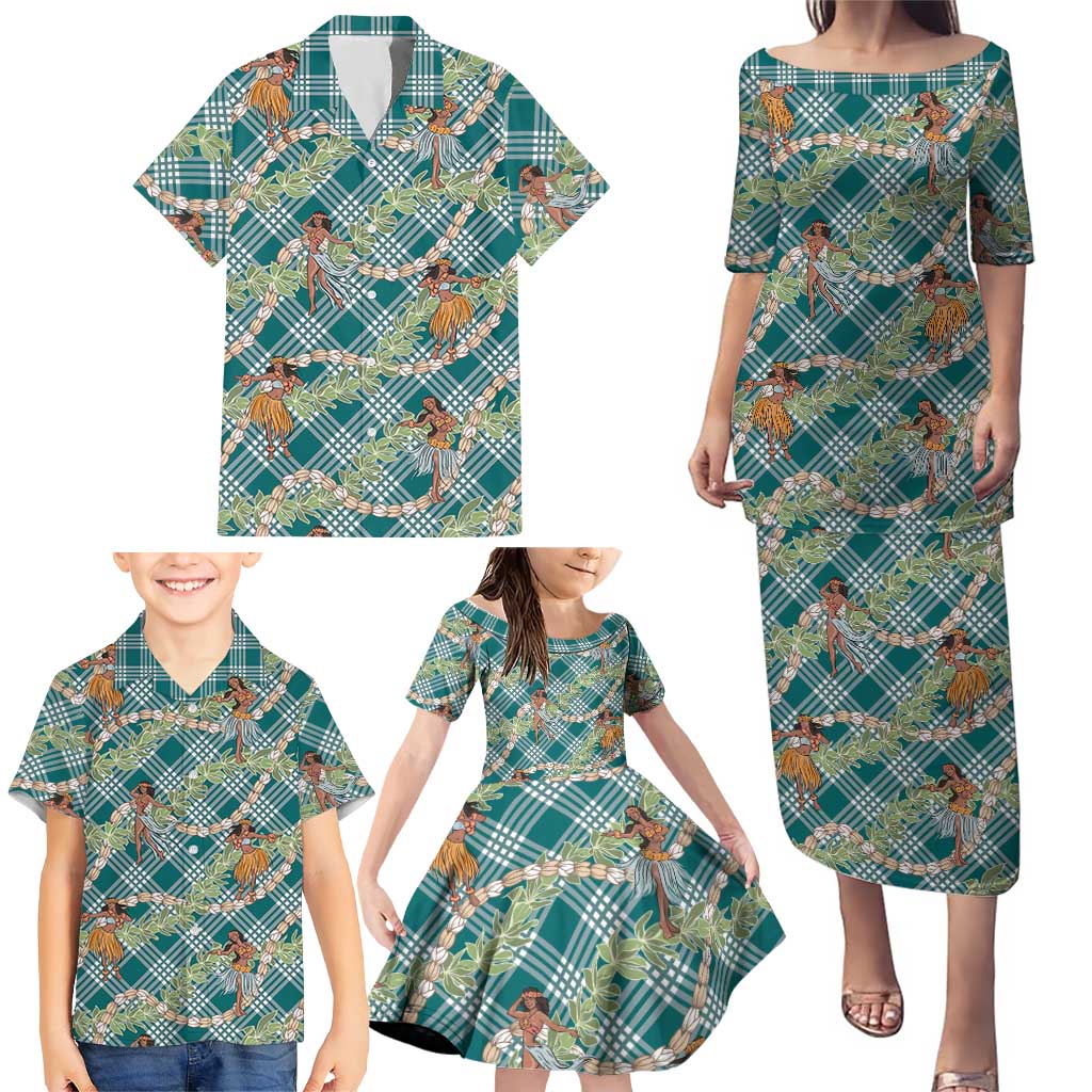 Teal Palaka Hula Girls Seamless Hawaii Aloha Family Matching Puletasi and Hawaiian Shirt - Polynesian Pride