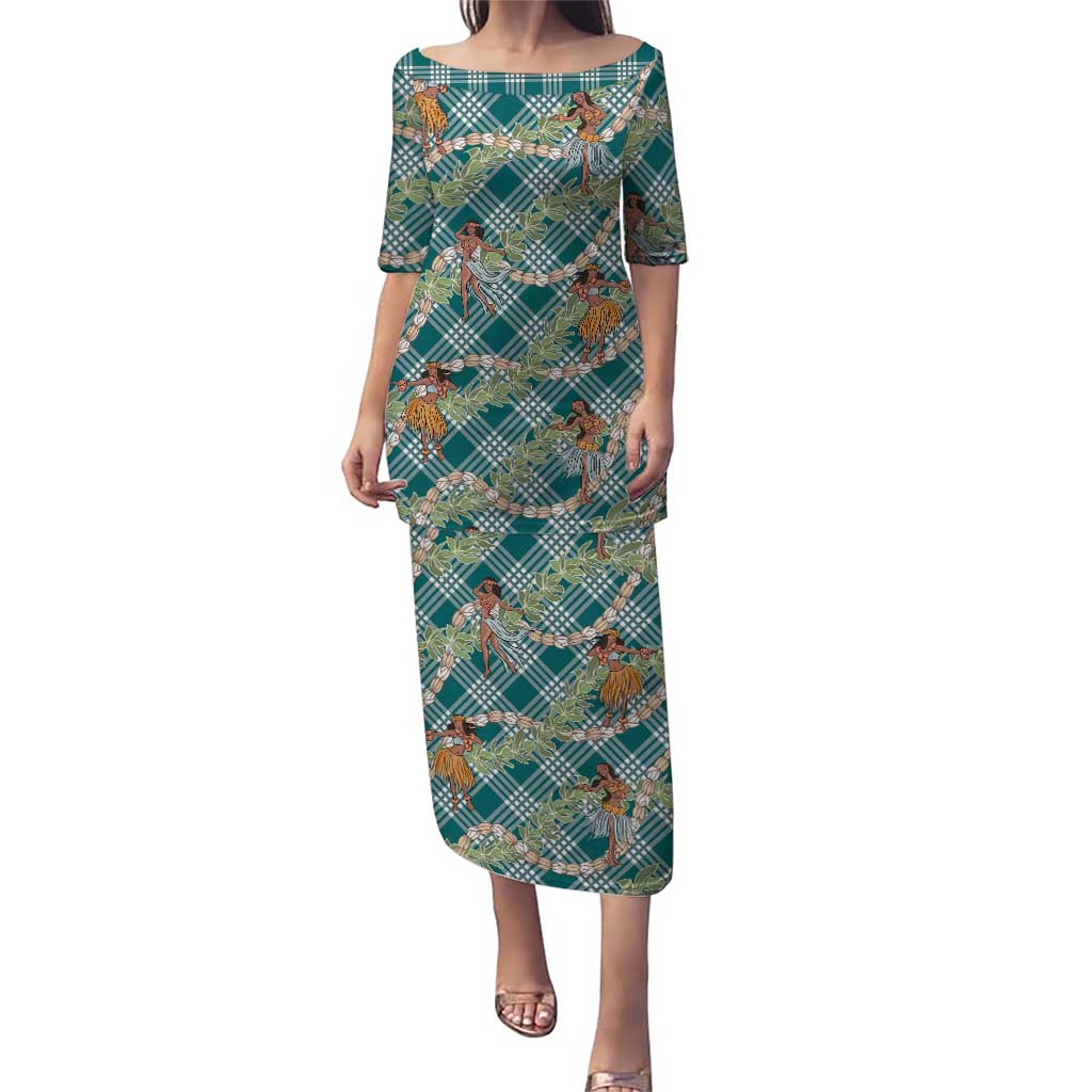 Teal Palaka Hula Girls Seamless Hawaii Aloha Family Matching Puletasi and Hawaiian Shirt - Polynesian Pride