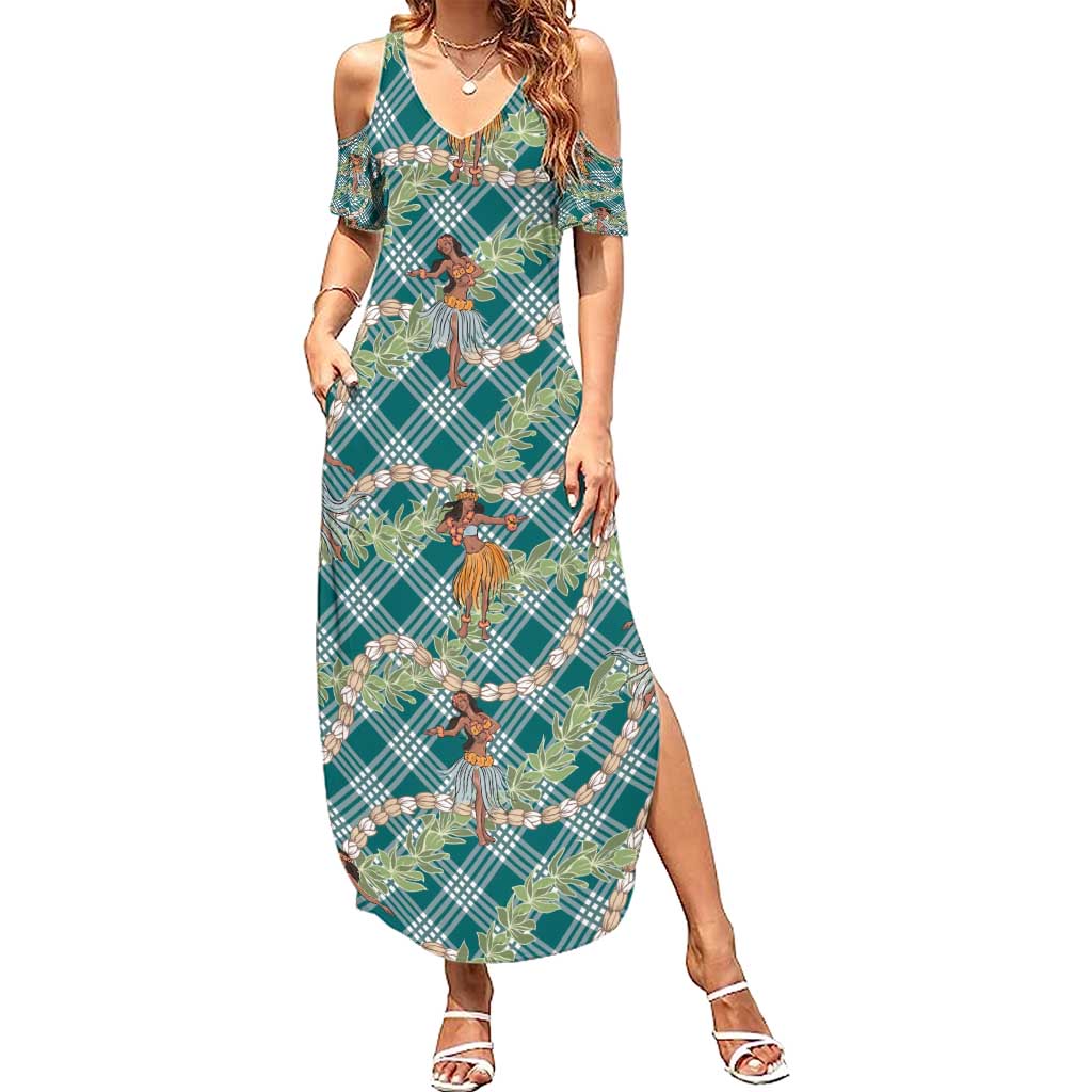 Teal Palaka Hula Girls Seamless Hawaii Aloha Family Matching Summer Maxi Dress and Hawaiian Shirt - Polynesian Pride