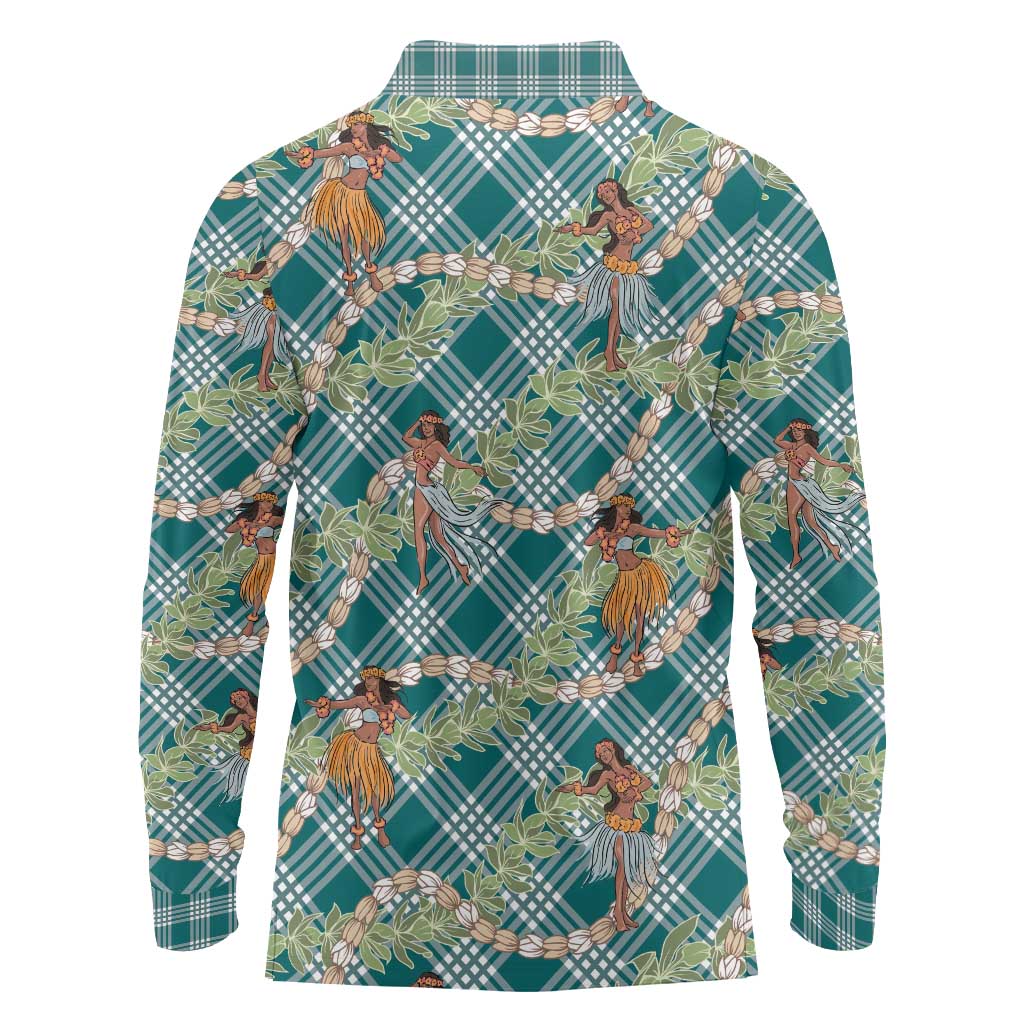 Teal Palaka Hula Girls Seamless Hawaii Aloha Long Sleeve Polo Shirt - Polynesian Pride