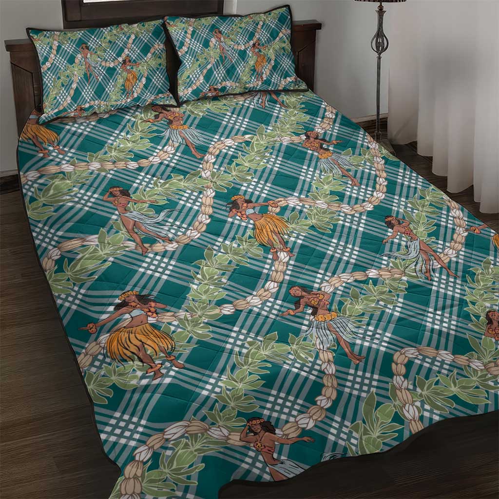 Teal Palaka Hula Girls Seamless Hawaii Aloha Quilt Bed Set - Polynesian Pride