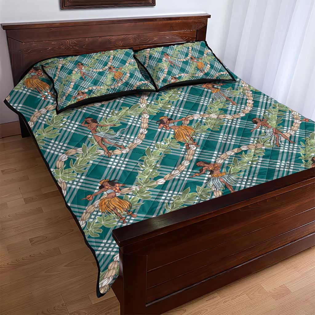 Teal Palaka Hula Girls Seamless Hawaii Aloha Quilt Bed Set - Polynesian Pride