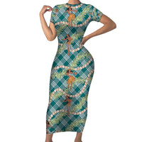 Teal Palaka Hula Girls Seamless Hawaii Aloha Short Sleeve Bodycon Dress - Polynesian Pride