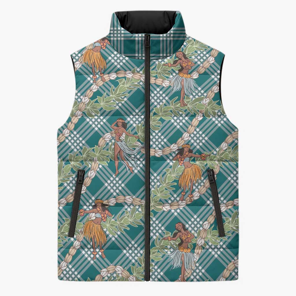 Teal Palaka Hula Girls Seamless Hawaii Aloha Sleeveless Puffer Jacket - Polynesian Pride