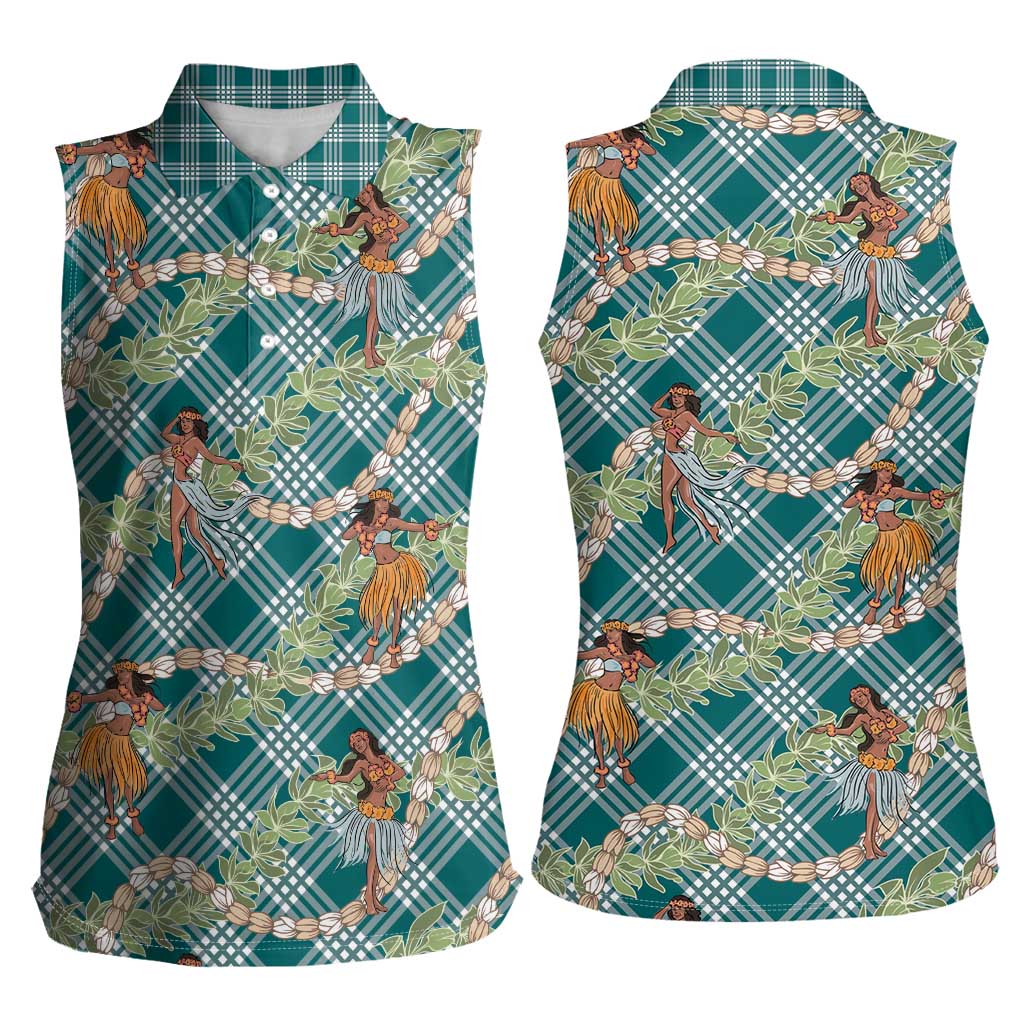 Teal Palaka Hula Girls Seamless Hawaii Aloha Women Sleeveless Polo Shirt - Polynesian Pride