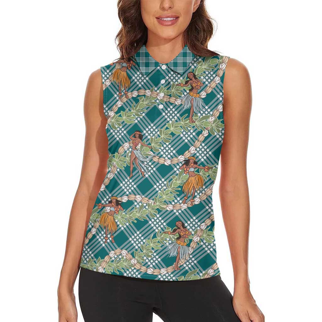 Teal Palaka Hula Girls Seamless Hawaii Aloha Women Sleeveless Polo Shirt - Polynesian Pride