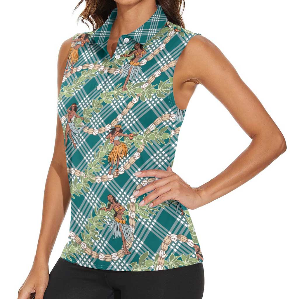 Teal Palaka Hula Girls Seamless Hawaii Aloha Women Sleeveless Polo Shirt - Polynesian Pride