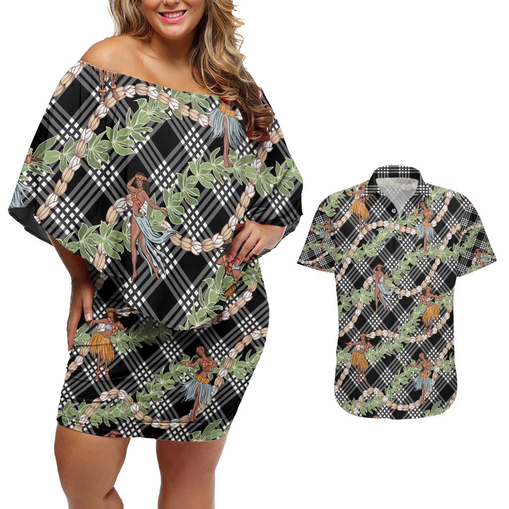 Sable Palaka Hula Girls Seamless Hawaii Aloha Couples Matching Off Shoulder Short Dress and Hawaiian Shirt - Polynesian Pride