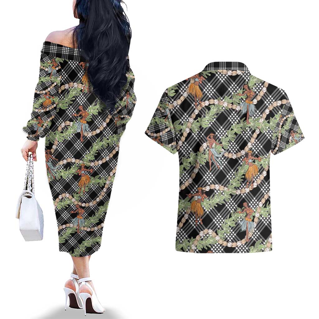 Sable Palaka Hula Girls Seamless Hawaii Aloha Couples Matching Off The Shoulder Long Sleeve Dress and Hawaiian Shirt - Polynesian Pride