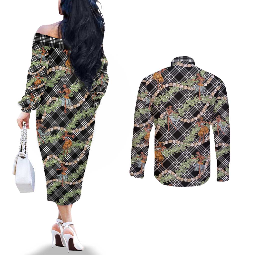 Sable Palaka Hula Girls Seamless Hawaii Aloha Couples Matching Off The Shoulder Long Sleeve Dress and Long Sleeve Button Shirt - Polynesian Pride