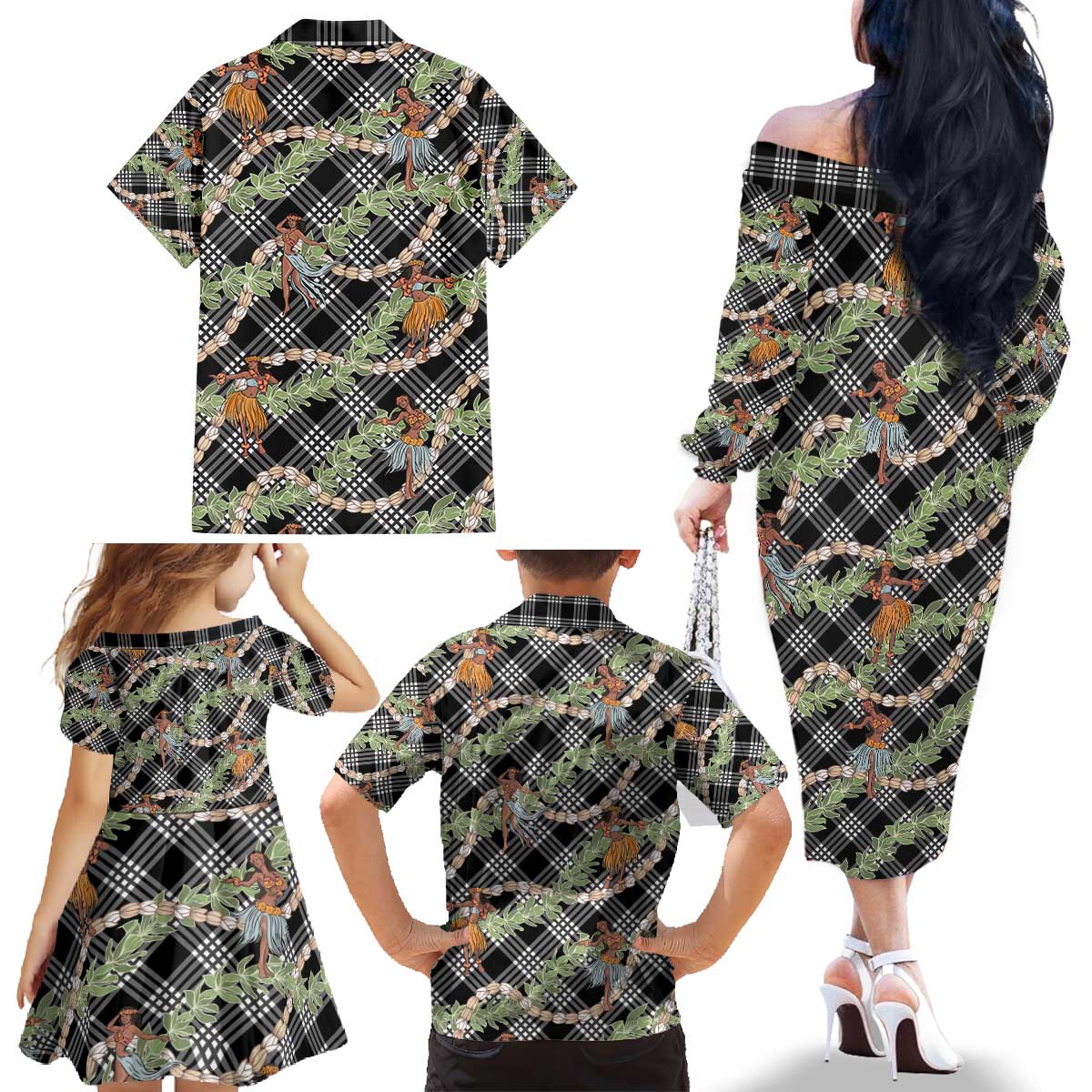Sable Palaka Hula Girls Seamless Hawaii Aloha Family Matching Off The Shoulder Long Sleeve Dress and Hawaiian Shirt - Polynesian Pride