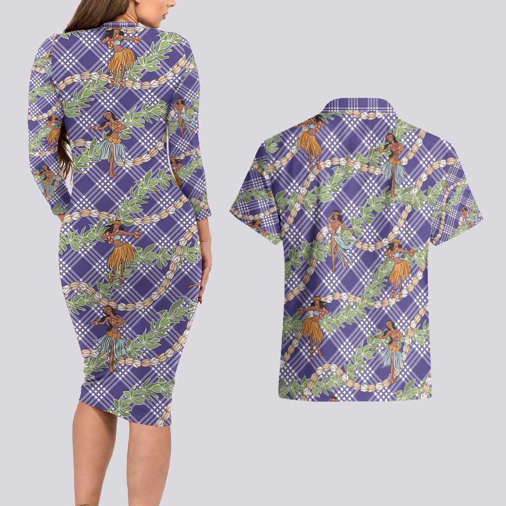 Lavender Palaka Hula Girls Seamless Hawaii Aloha Couples Matching Long Sleeve Bodycon Dress and Hawaiian Shirt - Polynesian Pride