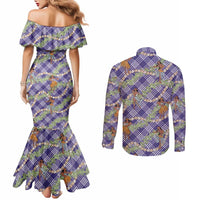 Lavender Palaka Hula Girls Seamless Hawaii Aloha Couples Matching Mermaid Dress and Long Sleeve Button Shirt - Polynesian Pride