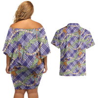 Lavender Palaka Hula Girls Seamless Hawaii Aloha Couples Matching Off Shoulder Short Dress and Hawaiian Shirt - Polynesian Pride