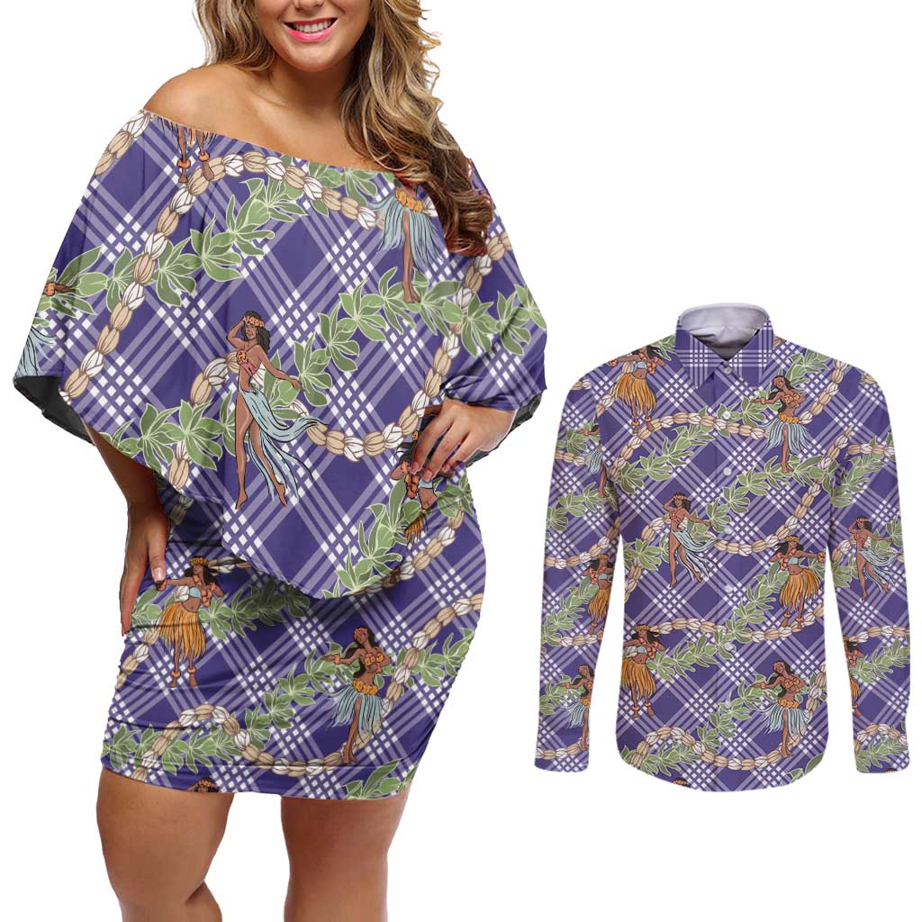 Lavender Palaka Hula Girls Seamless Hawaii Aloha Couples Matching Off Shoulder Short Dress and Long Sleeve Button Shirt - Polynesian Pride