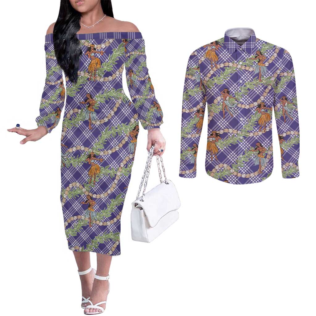 Lavender Palaka Hula Girls Seamless Hawaii Aloha Couples Matching Off The Shoulder Long Sleeve Dress and Long Sleeve Button Shirt - Polynesian Pride