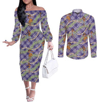 Lavender Palaka Hula Girls Seamless Hawaii Aloha Couples Matching Off The Shoulder Long Sleeve Dress and Long Sleeve Button Shirt - Polynesian Pride